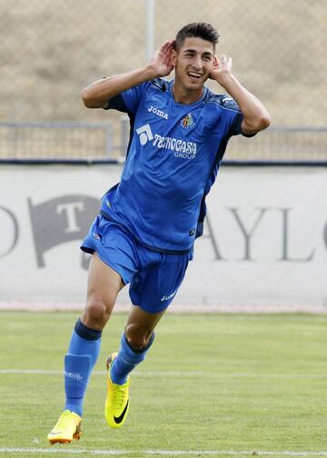 Pere Milla celebra un gol con el Getafe B, en 2014.