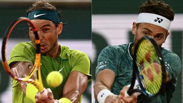 (COMBO/FILES) This combination of file photographs created on June 3, 2022, shows Spain's Rafael Nadal (L) as he plays a backhand return to Germany's Alexander Zverev during their men's semi-final singles match on day thirteen of the Roland-Garros Open te