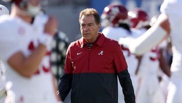 PASADENA, CALIFORNIA - JANUARY 01: Head coach Nick Saban of the Alabama Crimson Tide before the CFP Semifinal Rose Bowl Game against the Michigan Wolverines at Rose Bowl Stadium on January 01, 2024 in Pasadena, California.   Harry How/Getty Images/AFP (Photo by Harry How / GETTY IMAGES NORTH AMERICA / Getty Images via AFP)