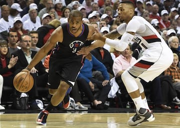 Chris drives to the basket against the Portland Trail Blazers 