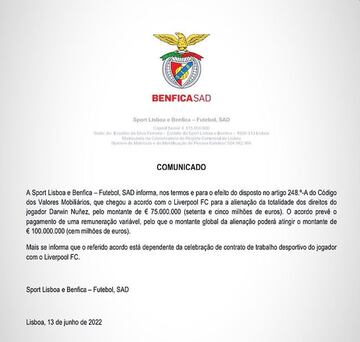 Imagen del comunicado del Benfica anunciando la venta de Darwin Núñez al Liverpool.
