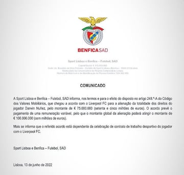 Imagen del comunicado del Benfica anunciando la venta de Darwin N¨²?ez al Liverpool.