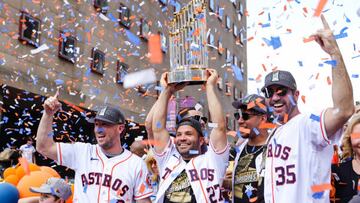 HOUSTON, TEXAS - NOVEMBER 07: Jose Altuve #27, Alex Bregman #2, Justin Verlander #35, Yuli Gurriel #10 and Lance McCullers Jr. #43 of the Houston Astros participate in the World Series Parade on November 07, 2022 in Houston, Texas. (Photo by Carmen Mandato/Getty Images)