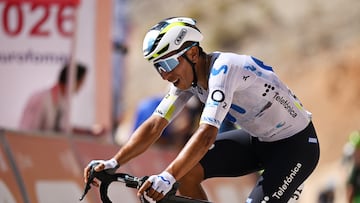 JABAL AL AKHDHAR - GREEN MOUNTAIN, OMAN - FEBRUARY 11: Nairo Quintana of Colombia and Movistar Team crosses the finish line during the 15th Tour of Oman 2026, Stage 5 a 155.9km stage from Nizwa to Jabal Al Akhdhar - Green Mountain 1024m on February 11, 2026 in Jabal Al Akhdhar - Green Mountain, Oman. (Photo by Dario Belingheri/Getty Images)