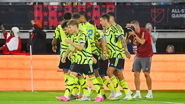 Jul 19, 2023; Washington, DC, USA; Arsenal celebrate after midfielder Jorginho (20) scored against MLS during the second half of the 2023 MLS All Star Game at Audi Field. Mandatory Credit: Brad Mills-USA TODAY Sports