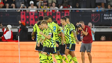 Jul 19, 2023; Washington, DC, USA; Arsenal celebrate after midfielder Jorginho (20) scored against MLS during the second half of the 2023 MLS All Star Game at Audi Field. Mandatory Credit: Brad Mills-USA TODAY Sports