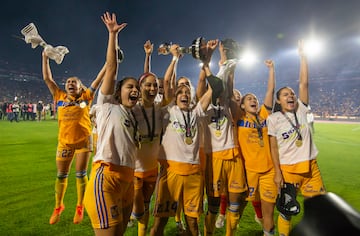 Tigres players celebrate the Apertura 2022 win after beating América.