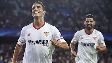 SEVILLE, SPAIN - SEPTEMBER 26:  Wissam Ben Yedder of Sevilla FC celebrates after scoring during the UEFA Champions League match between Sevilla FC and NK Maribor at Estadio Ramon Sanchez Pizjuan on September 26, 2017 in Seville, Spain.  (Photo by Aitor Alcalde/Getty Images)