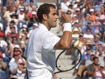 8 Sep 2001: Pete Sampras of the USA celebrates a point during the semifinals of the US Open against Marat Safin of Russia at the USTA National Tennis Center in Flushing, New York. Sampras defeated Safin 6-3, 7-6 (5), 6-3. DIGITAL IMAGE. Mandatory Credit: Matthew Stockman/Allsport