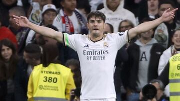 Brahim celebra su gol ante el Atlético, en el derbi en el Bernabéu.