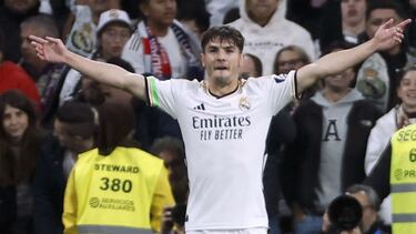 Brahim celebra su gol ante el Atlético, en el derbi en el Bernabéu.