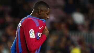 Barcelona's Ousmane Dembele reacts after the Spanish La Liga soccer match between FC Barcelona and Rayo Vallecano at the Camp Nou stadium in Barcelona, Spain, Sunday, April 24, 2022. (AP Photo/Joan Monfort)