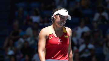 Spain�s Jessica Bouzas Maneiro reacts to a point against USA�s Coco Gauff during their women�s singles match at the United Cup tennis tournament in Perth on January 5, 2026. (Photo by COLIN MURTY / AFP) / --IMAGE RESTRICTED TO EDITORIAL USE - STRICTLY NO COMMERCIAL USE--