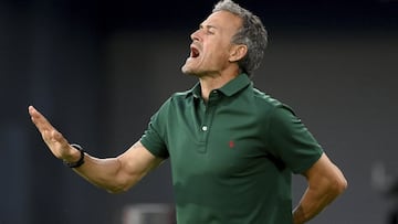Spain's manager Luis Enrique gestures during the Euro 2020 soccer championship group E match between Spain and Poland at the La Cartuja stadium in Seville, Spain, Saturday, June 19, 2021. (Lluis Gene/Pool via AP)