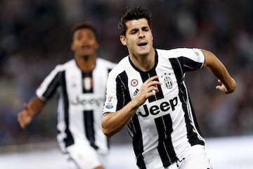 Juventus' Alvaro Morata celebrates after scoring during the Italian Cup final May 21, 2016. (Riccardo Antimiani/ANSA via AP)