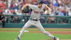 CLEVELAND, OHIO - AUGUST 13: Starting pitcher Chris Sale #41 of the Boston Red Sox throws his 1000th career strike out to Oscar Mercado #35 of the Cleveland Indians to end the third inning at Progressive Field on August 13, 2019 in Cleveland, Ohio.   Jason Miller/Getty Images/AFP
 == FOR NEWSPAPERS, INTERNET, TELCOS &amp; TELEVISION USE ONLY ==