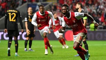 Sporting Braga's Spanish midfielder #14 Alvaro Djalo celebrates after scoring his team's first goal during the UEFA Champions League 1st round day 3 Group C football match between SC Braga and Real Madrid CF at the Municipal stadium of Braga on October 24, 2023. (Photo by MIGUEL RIOPA / AFP)