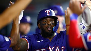 ANAHEIM, CALIFORNIA - JULY 09: Adolis Garc�a #53 of the Texas Rangers celebrates a home run against the Los Angeles Angels in the eighth inning at Angel Stadium of Anaheim on July 09, 2024 in Anaheim, California.   Ronald Martinez/Getty Images/AFP (Photo by RONALD MARTINEZ / GETTY IMAGES NORTH AMERICA / Getty Images via AFP)