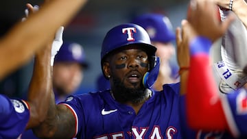 ANAHEIM, CALIFORNIA - JULY 09: Adolis Garc�a #53 of the Texas Rangers celebrates a home run against the Los Angeles Angels in the eighth inning at Angel Stadium of Anaheim on July 09, 2024 in Anaheim, California. Ronald Martinez/Getty Images/AFP (Photo by RONALD MARTINEZ / GETTY IMAGES NORTH AMERICA / Getty Images via AFP)