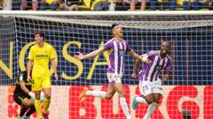 VILLARREAL, SPAIN - APRIL 15: Jawad El Yamiq of Real Valladolid CF celebrates with teammate Cyle Larin after scoring the team's second goal during the LaLiga Santander match between Villarreal CF and Real Valladolid CF at Estadio de la Ceramica on April 15, 2023 in Villarreal, Spain. (Photo by Aitor Alcalde/Getty Images)