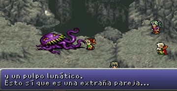 Una escena divertida donde el grupo se enfrenta a uno de los mejores jefes: Ultros. Abajo, Locke traspasa la cuarta pared hablando directamente con el jugador.