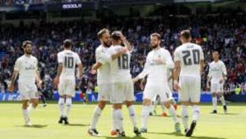 Carvajal, Lucas Vázquez, Jesé y Nacho celebran el gol de Lucas Vázquez.