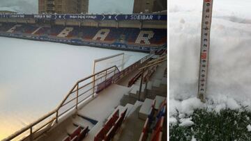 El c&eacute;sped de Ipurua cubierto por la nieve horas antes del Eibar-Villarreal.