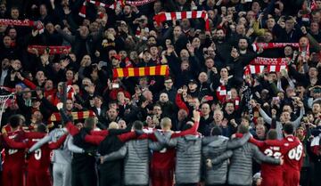 Soccer Football - Champions League Semi Final Second Leg - Liverpool v FC Barcelona - Anfield, Liverpool, Britain - May 7, 2019 Liverpool players and fans celebrate after the match