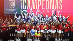 Spain women�s national football team's players celebrate on stage their 2023 World Cup victory in Madrid on August 21, 2023. Spain won the Australia and New Zealand 2023 Women's World Cup final football match after defeating England at Stadium Australia in Sydney on August 20, 2023. (Photo by Pierre-Philippe MARCOU / AFP)