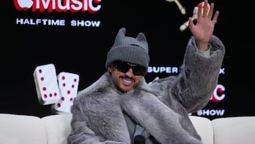 Feb 5, 2026; San Francisco, CA, USA; Bad Bunny during the Super Bowl LX halftime show press conference at Moscone Center. Mandatory Credit: Kirby Lee-Imagn Images