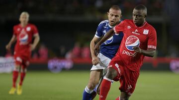 Felipe Jaramillo y Luis Paz durante un partido entre Millonarios y América de Cali por el Torneo Fox Sports.