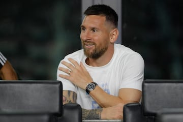 Oct 18, 2023; Fort Lauderdale, Florida, USA; Inter Miami forward Lionel Messi (10) in attendance for the match between Charlotte FC and Inter Miami at DRV PNK Stadium. Mandatory Credit: Sam Navarro-USA TODAY Sports