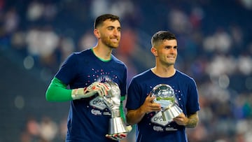 Jun 18, 2023; Las Vegas, Nevada, USA; USA goalkeeper Matthew Turner (1) and forward Christian Pulisic (10) pose for a photo op at Allegiant Stadium after defeating Canada. Mandatory Credit: Lucas Peltier-USA TODAY Sports