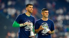 Jun 18, 2023; Las Vegas, Nevada, USA; USA goalkeeper Matthew Turner (1) and forward Christian Pulisic (10) pose for a photo op at Allegiant Stadium after defeating Canada. Mandatory Credit: Lucas Peltier-USA TODAY Sports