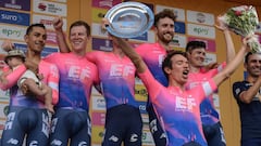 Daniel Martinez, Lawson Craddock, Taylor Phinney, Nathan Brown, Alexander Howes and Rigoberto Uran (with trophy), of Team EF Education First, celebrate after winning the first stage of the team time trial of the Tour Colombia 2.1, in Medellin, Antioquia Department, Colombia, on February 12, 2019. - The Tour Colombia 2.1 cycling race takes place between February 12 and 17. (Photo by Joaquin SARMIENTO / AFP)