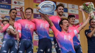 Daniel Martinez, Lawson Craddock, Taylor Phinney, Nathan Brown, Alexander Howes and Rigoberto Uran (with trophy), of Team EF Education First, celebrate after winning the first stage of the team time trial of the Tour Colombia 2.1, in Medellin, Antioquia Department, Colombia, on February 12, 2019. - The Tour Colombia 2.1 cycling race takes place between February 12 and 17. (Photo by Joaquin SARMIENTO / AFP)