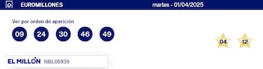 Euromillones: comprobar los resultados del sorteo de hoy, martes 1 de abril
