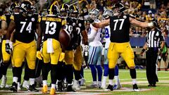 CANTON, OHIO - AUGUST 5: John Leglue #77 of the Pittsburgh Steelers celebrates a touchdown in the second half during the 2021 NFL preseason Hall of Fame Game against the Dallas Cowboys at Tom Benson Hall Of Fame Stadium on August 5, 2021 in Canton, Ohio. 