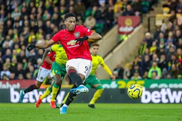 Anthony Martial (9) takes a penalty during the Premier League match between Norwich City and Manchester United.