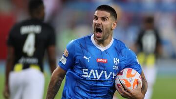 JEDDAH, SAUDI ARABIA - SEPTEMBER 1: Aleksandar Mitrovic of Al Hilal celebrating scoring a penalty during Al Ittihad v Al Hilal in the Saudi Pro League at King Abdullah Sports City on September 1, 2023 in Jeddah, Saudi Arabia. (Photo by Abdul Ghani Bashir Issa/MB Media/Getty Images)