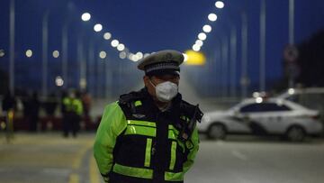 Un polic&iacute;a de la ciudad china de Hubei se protege con una mascarilla mientras vigila un puente sobre el r&iacute;o Yangtse.