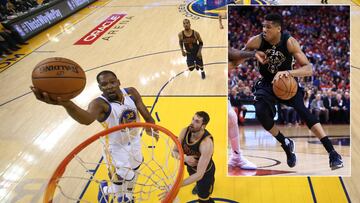 Jun 1, 2017; Oakland, CA, USA; Golden State Warriors forward Kevin Durant (35) shoots against Cleveland Cavaliers forward Kevin Love (0) during game one of the 2017 NBA Finals at Oracle Arena. Mandatory Credit: Marcio Ezra Shaw/Pool Photo via USA TODAY Sports