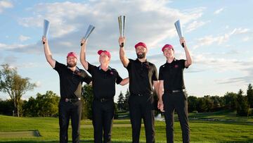 PLYMOUTH, MICHIGAN - AUGUST 24: (L-R) Legion XIII team members Tyrrell Hatton, Caleb Surratt, John Rahm and Tom McKibbin pose with trophies during day three of the LIV Golf Team Championship Michigan at The Cardinal at Saint John's on August 24, 2025 in Plymouth, Michigan. Raj Mehta/Getty Images/AFP (Photo by Raj Mehta / GETTY IMAGES NORTH AMERICA / Getty Images via AFP)