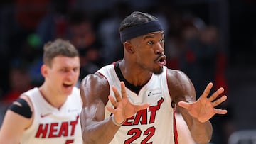 Jimmy Butler #22 of the Miami Heat reacts during overtime against the Atlanta Hawks