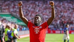 COLOGNE, GERMANY - MAY 27: Alphonso Davies of Bayern Muenchen gestures after the Bundesliga match between 1. FC Köln and FC Bayern München at RheinEnergieStadion on May 27, 2023 in Cologne, Germany. (Photo by Stefan Brauer/DeFodi Images via Getty Images)