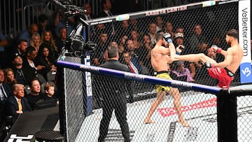 US Secretary of Health and Human Services Robert F. Kennedy Jr. with his wife actress Cheryl Hines sit behind US President Donald Trump, Elon Musk and his son X � A-12 as they watch Yair Rodriguez fight Patricio Pitbull (yellow) during UFC 314 at the Kaseya Center in Miami, Florida, on April 12, 2025. (Photo by Mandel NGAN / AFP)