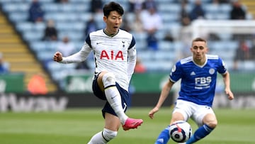 23 May 2021, United Kingdom, Leicester: Tottenham Hotspur&#039;s Son Heung-min controls the ball during the English Premier League soccer match between Leicester City and Tottenham Hotspur at the King Power Stadium. Photo: Shaun Botterill/PA Wire/dpa
 23/