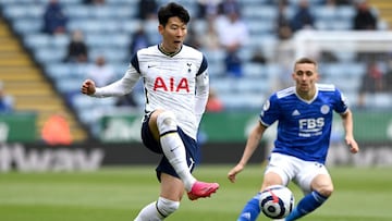 23 May 2021, United Kingdom, Leicester: Tottenham Hotspur's Son Heung-min controls the ball during the English Premier League soccer match between Leicester City and Tottenham Hotspur at the King Power Stadium. Photo: Shaun Botterill/PA Wire/dpa
23/