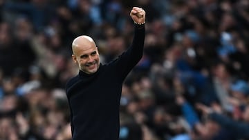 Manchester City's Spanish manager Pep Guardiola celebrates after Manchester City's Norwegian striker #09 Erling Haaland scores their third goal during the English Premier League football match between Manchester City and Manchester United at the Etihad Stadium in Manchester, north west England, on March 3, 2024. (Photo by Paul ELLIS / AFP) / RESTRICTED TO EDITORIAL USE. No use with unauthorized audio, video, data, fixture lists, club/league logos or 'live' services. Online in-match use limited to 120 images. An additional 40 images may be used in extra time. No video emulation. Social media in-match use limited to 120 images. An additional 40 images may be used in extra time. No use in betting publications, games or single club/league/player publications. / 