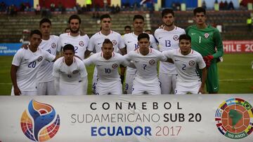 Chile's players pose for pictures before the start of their U20 South American Championship football match against Paraguay, at the Olympic Stadium in Riobamba, Ecuador, on January 24, 2017. / AFP PHOTO / Rodrigo BUENDIA